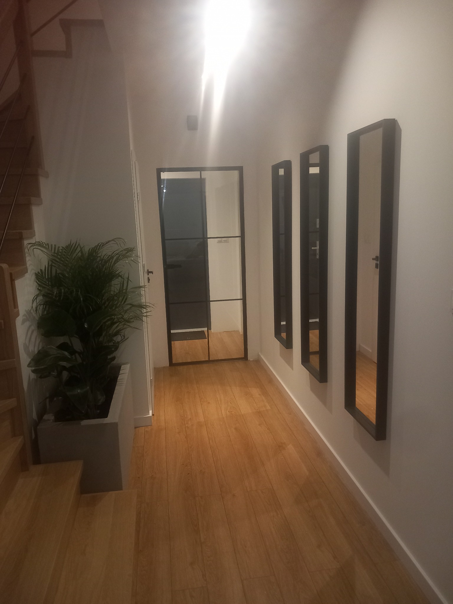 Wnętrze korytarza z drewnianą podłogą, trzema wysokimi lustrami w czarnych ramach na ścianie i rośliną w donicy przy schodach. Czarne drzwi z szybami w tle.