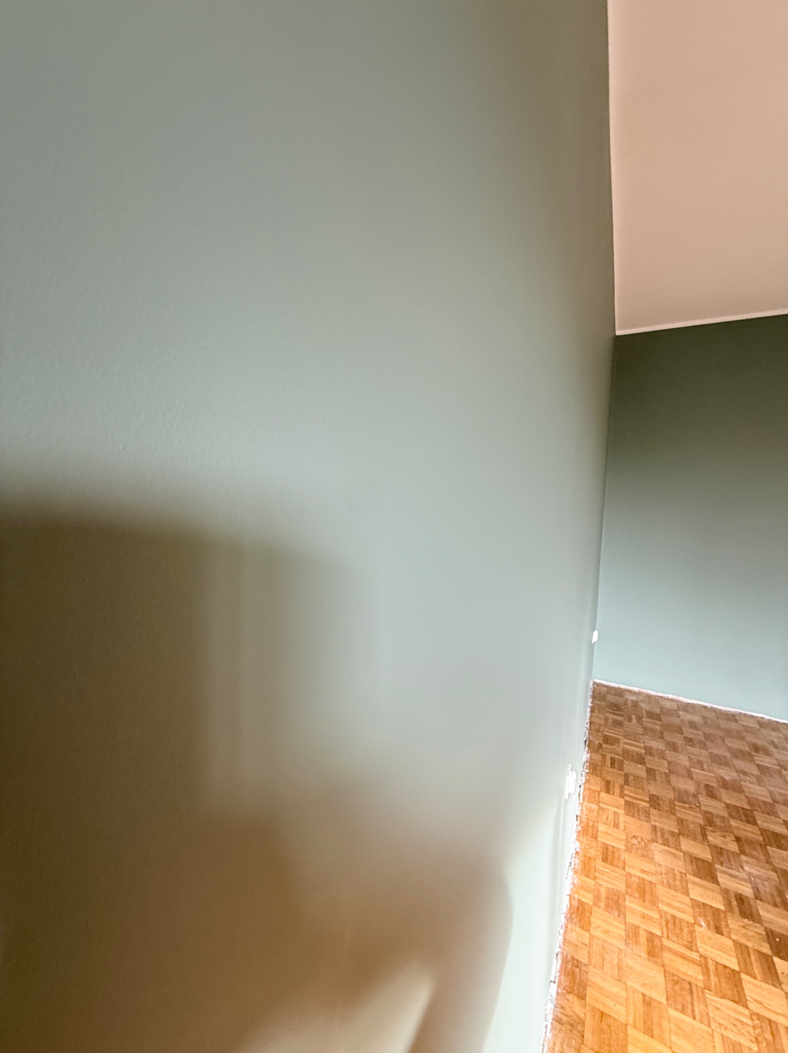 Świeżo pomalowane ściany w odcieniach zieleni, widoczne łączenie ścian i fragment parkietu. Minimalistyczne wnętrze po malowaniu.