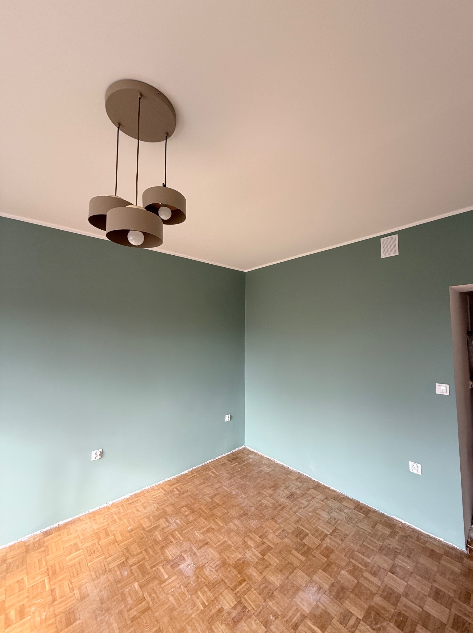 Pomalowane na zielono ściany w pokoju z parkietem, widoczny nowoczesny, okrągły żyrandol z trzema kloszami i gniazdka elektryczne. Świeżo po malowaniu.