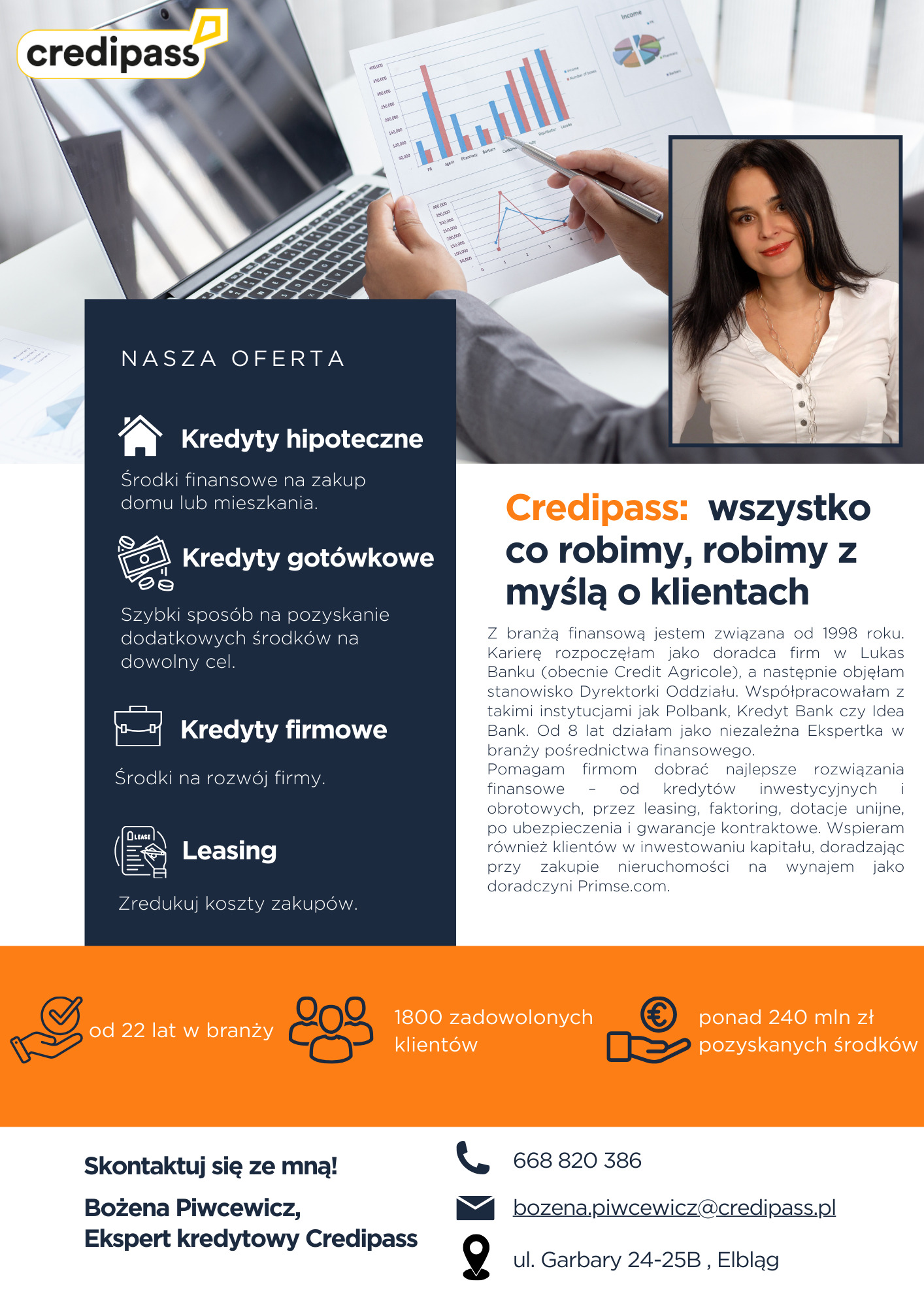 Prezentacja oferty finansowej: kobieta, ekspert kredytowy, uśmiecha się obok laptopa i wykresu z danymi finansowymi.