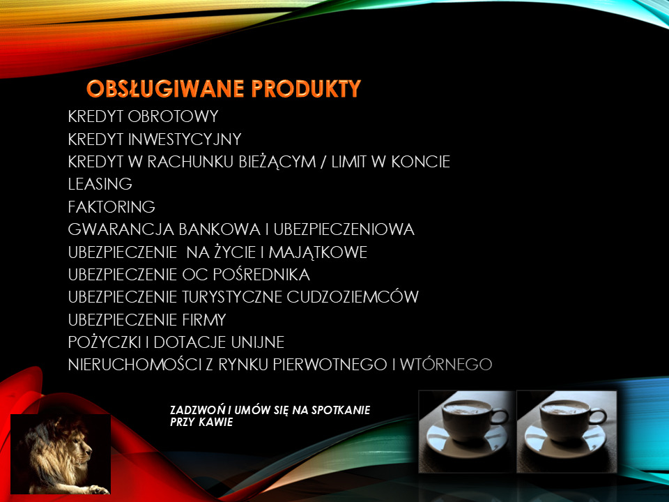 Slajd prezentacji z listą obsługiwanych produktów finansowych i ubezpieczeniowych, w tle grafika lwa i filiżanki kawy, zapraszający do kontaktu.