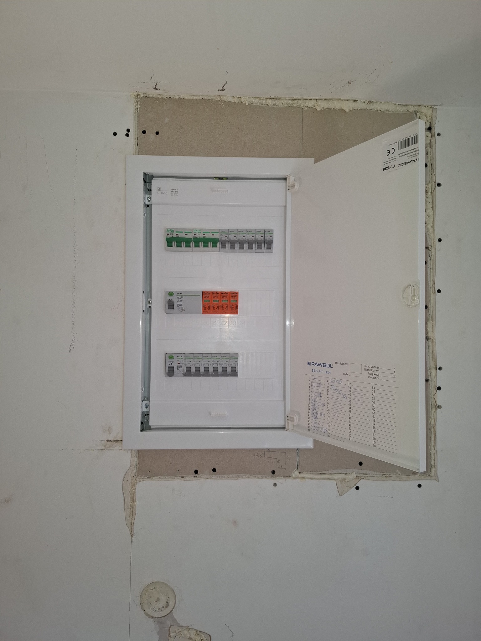 Otwarta skrzynka elektryczna Pawbol C.1536 z bezpiecznikami na ścianie w trakcie montażu, widoczne ślady po gipsowaniu i pianka montażowa.