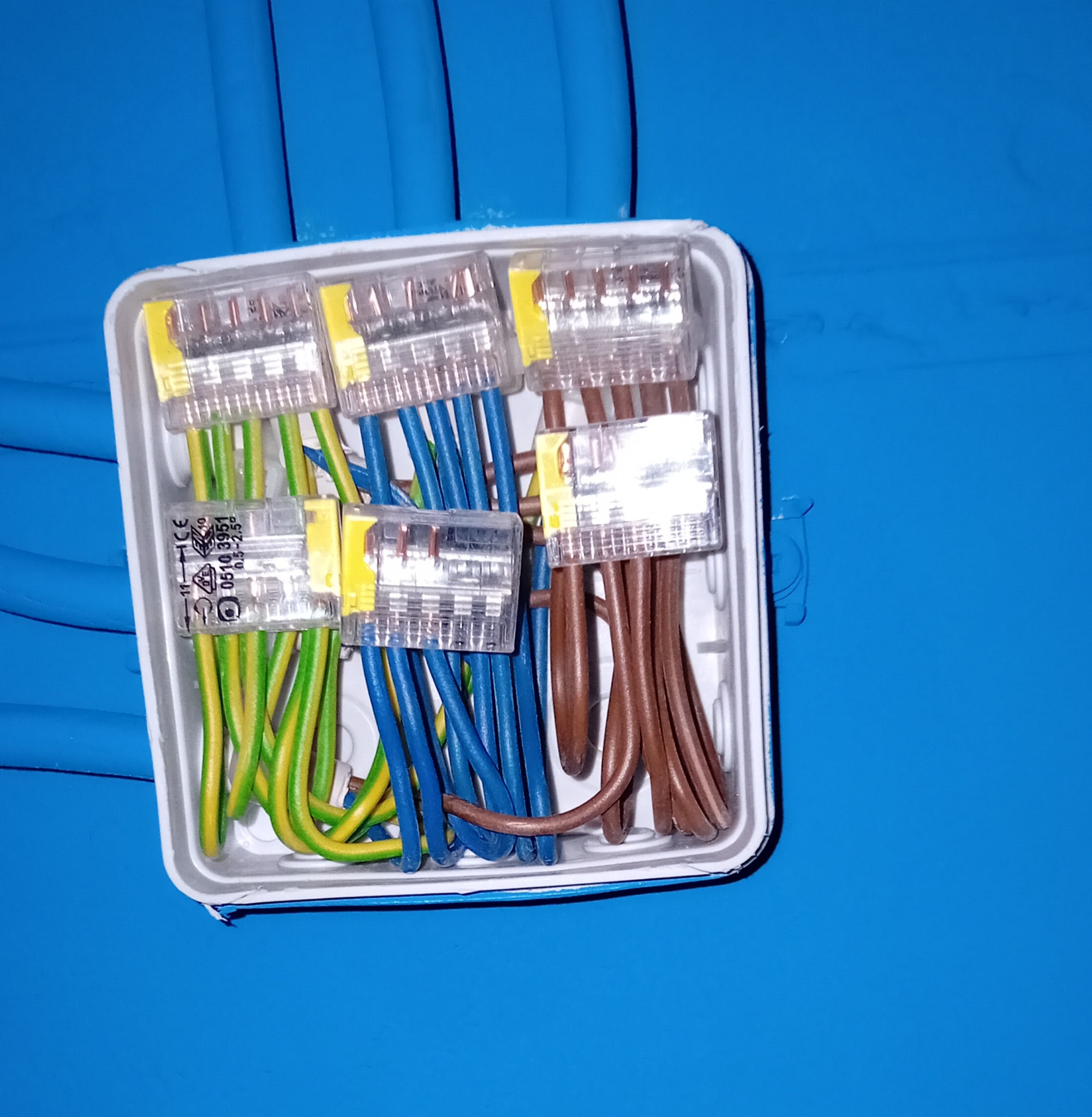 Złącza WAGO w puszce instalacyjnej na tle niebieskiej ściany. Widoczne przewody: zielono-żółte, niebieskie i brązowe. Detal instalacji elektrycznej.