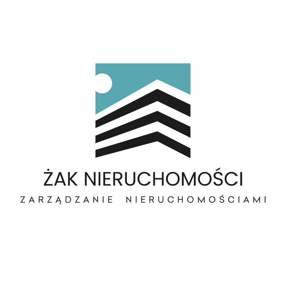 Logo firmy Żak Nieruchomości z abstrakcyjnym symbolem budynku i słońca na błękitnym tle, pod spodem napis 'ŻAK NIERUCHOMOŚCI' i 'ZARZĄDZANIE NIERUCHOMOŚCIAMI'.