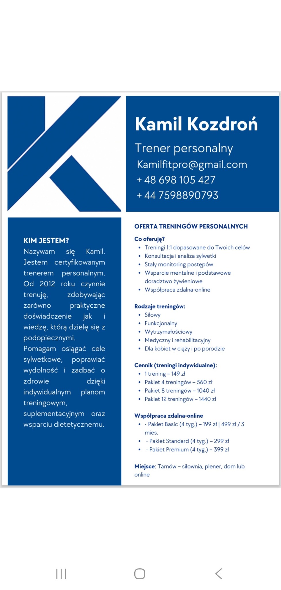 Oferta trenera personalnego: Kamil Kozdroń, treningi 1:1, konsultacje, monitoring postępów, wsparcie mentalne, treningi siłowe, funkcjonalne, wytrzymałościowe.