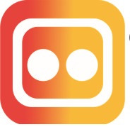 Pomarańczowo-żółte logo firmy z dwoma białymi okręgami wewnątrz białej, zaokrąglonej kwadratowej ramki.