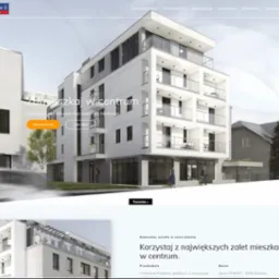 Strona WWW inwestycji deweloperskiej z nowoczesnym budynkiem wielorodzinnym. Widoczne logo i menu nawigacyjne strony. Układ graficzny responsywny.