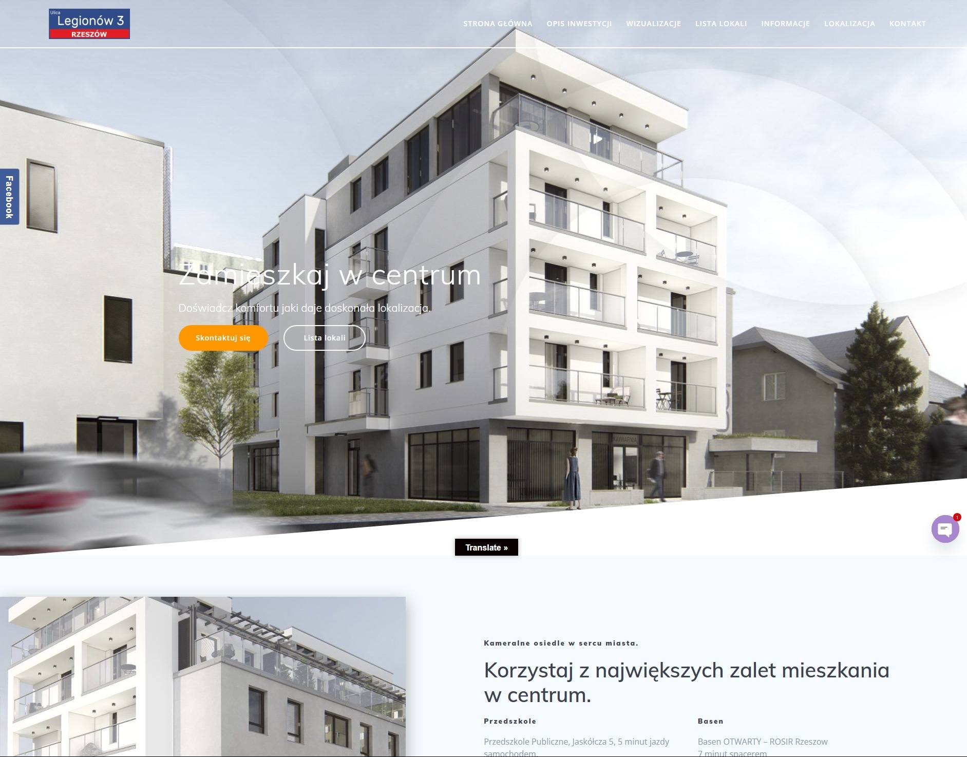 Strona WWW inwestycji deweloperskiej z nowoczesnym budynkiem wielorodzinnym. Widoczne logo i menu nawigacyjne strony. Układ graficzny responsywny.