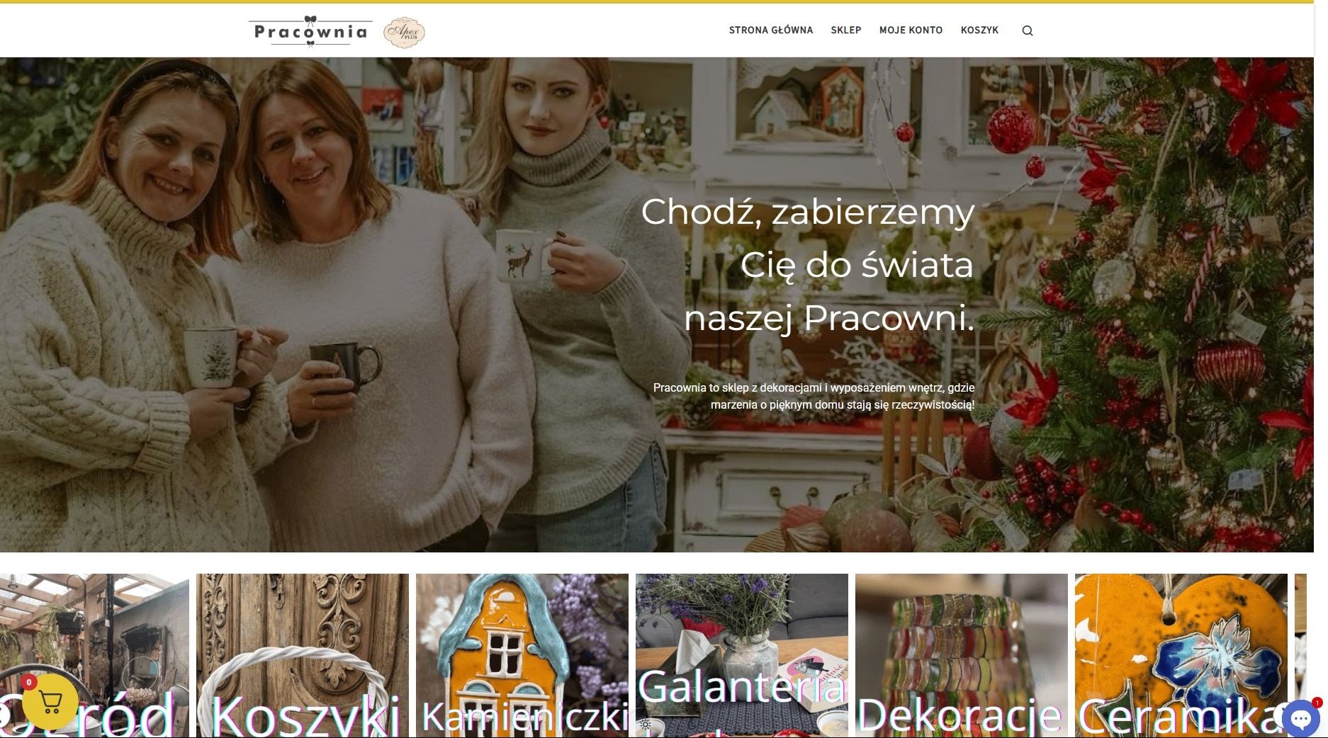 Strona główna sklepu internetowego z dekoracjami 'Pracownia' z Leżajska. Prezentacja oferty, osoby, świąteczny wystrój, przytulna atmosfera. Widoczne menu i przyciski nawigacyjne.