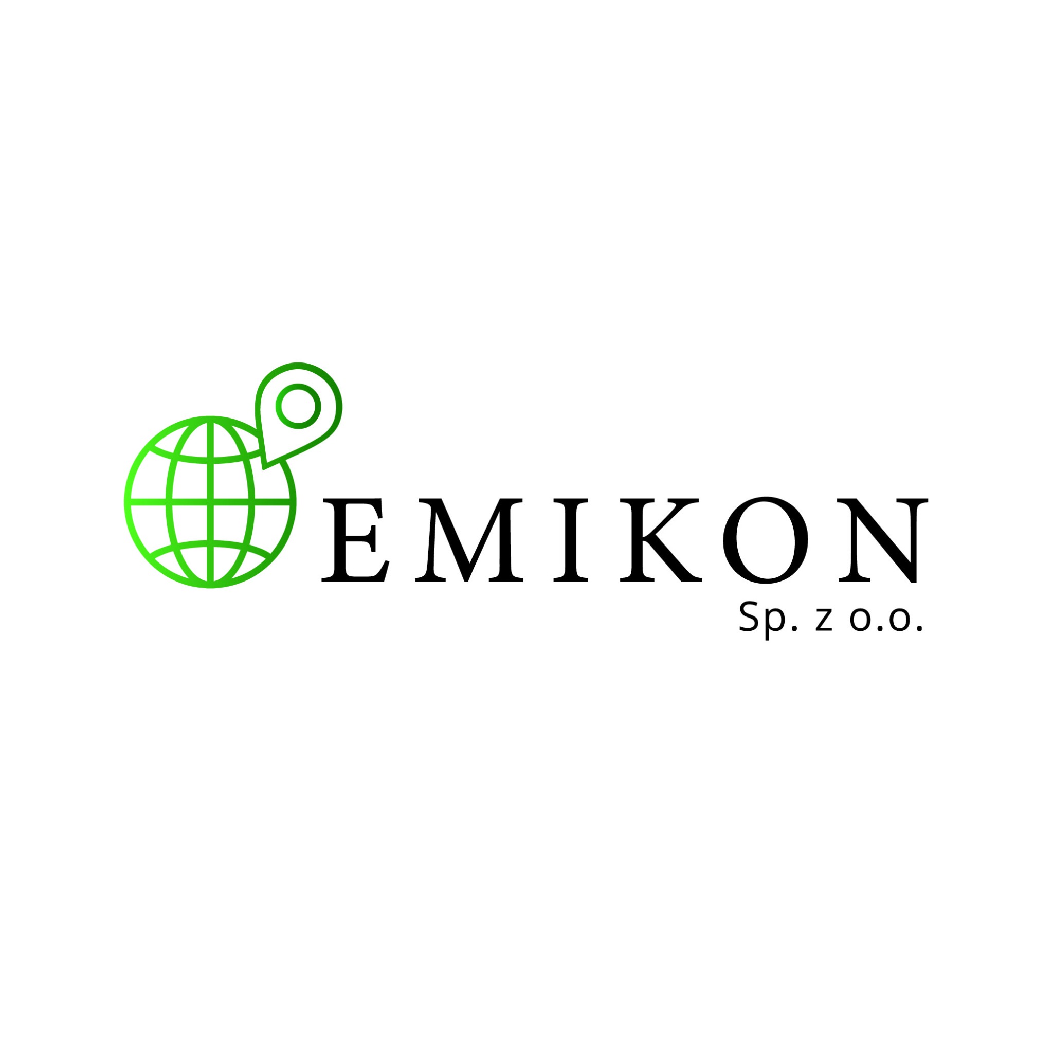 Logo firmy Emikon Sp. z o.o. z zielonym globem i pinezką lokalizacyjną nad nazwą firmy.
