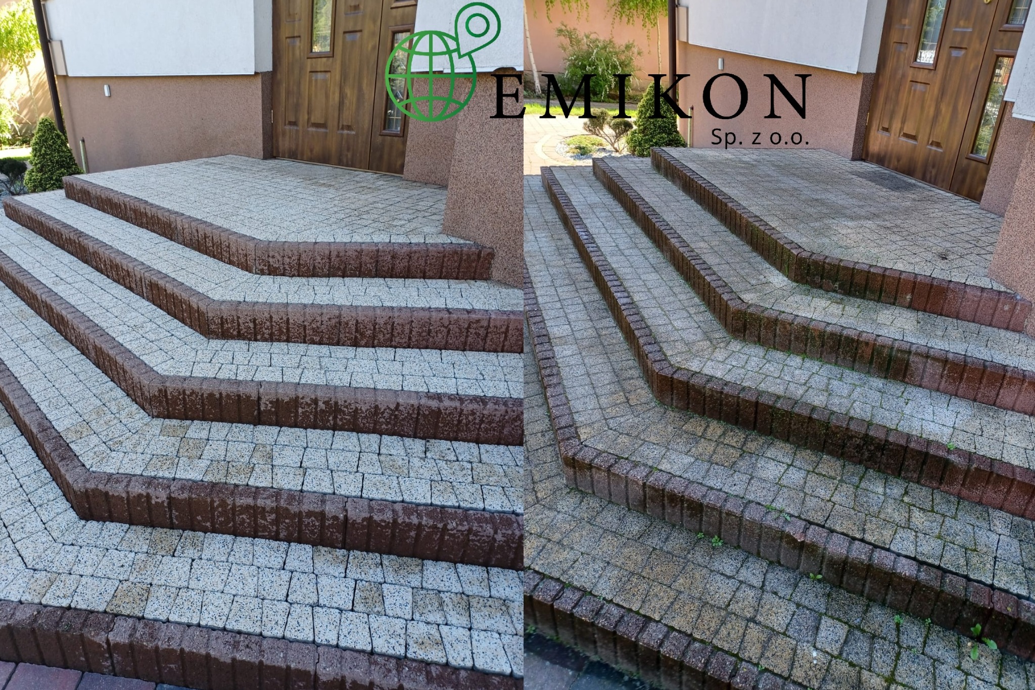 Schody wejściowe z kostki brukowej przed i po czyszczeniu; widoczne różnice w kolorze i czystości poszczególnych stopni. Logo firmy w tle.