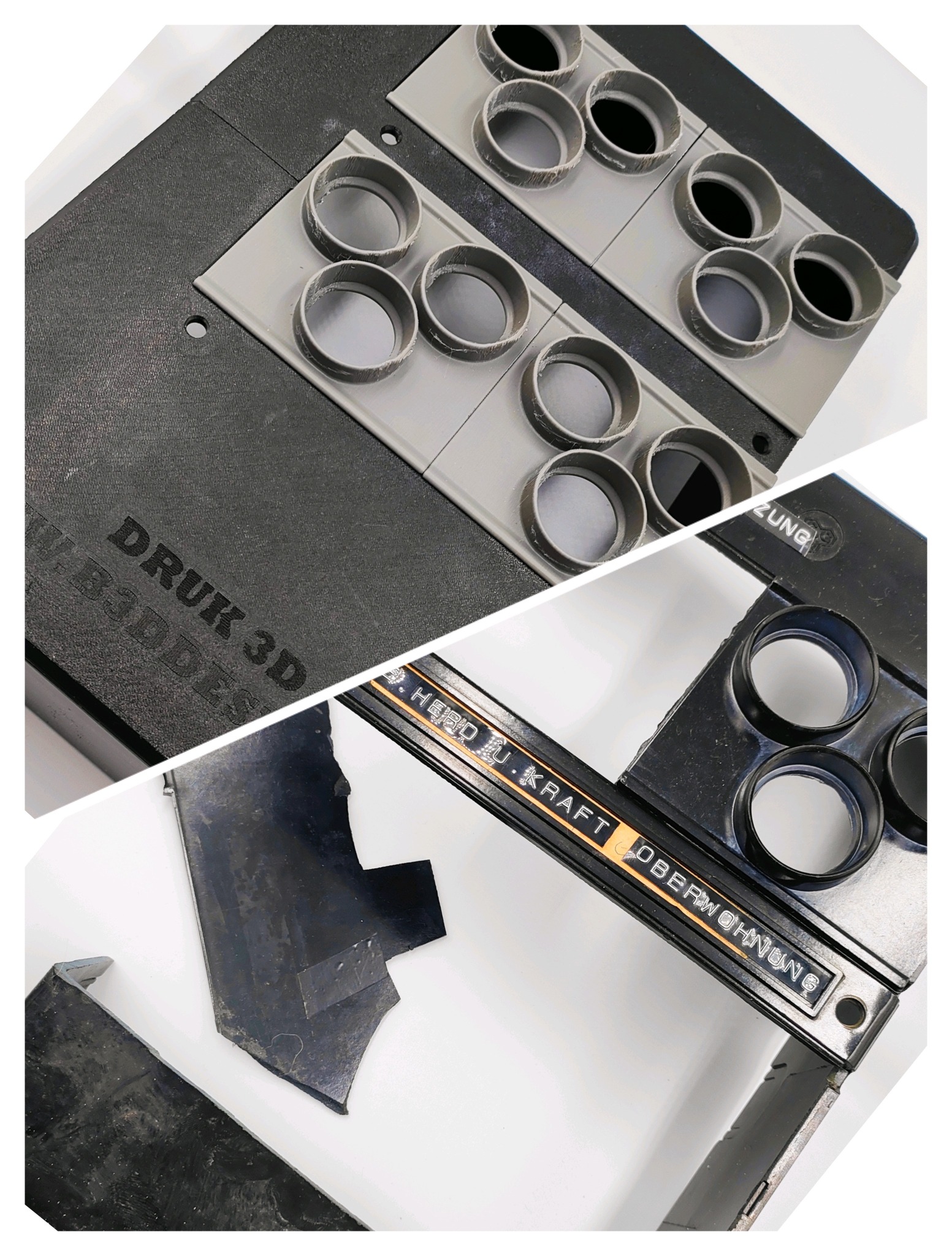 Dzielone ujęcie: czarny element z napisem 'DRUK 3D' i szarymi otworami oraz czarny element z metalowymi fragmentami i napisem 'S.HERD U.KRAFT OBERWOHNUNG'.