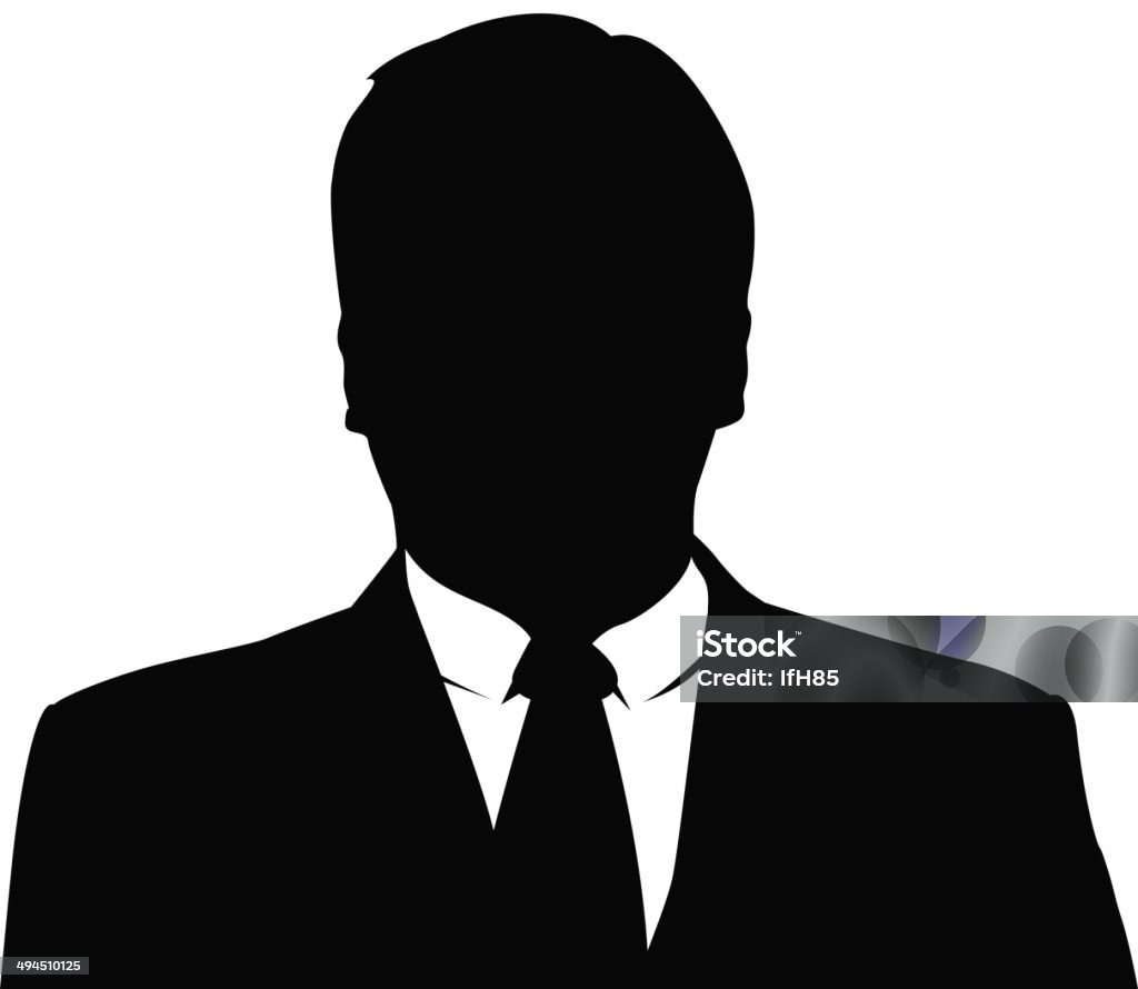 Czarno-biała sylwetka mężczyzny w garniturze i krawacie na białym tle, z logiem iStockphoto.