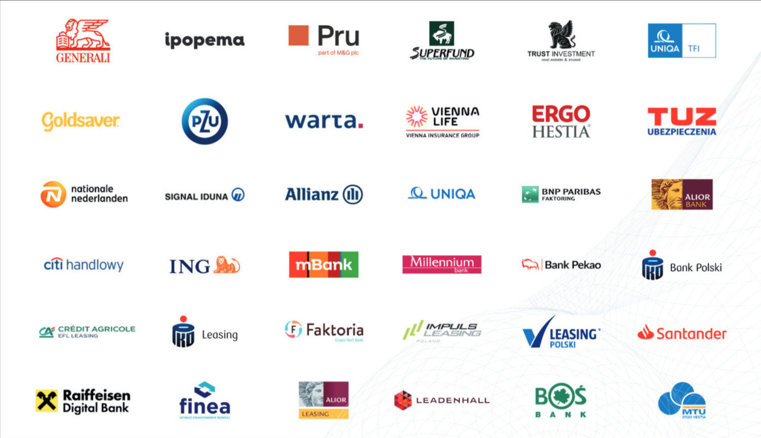 Kompozycja logotypów różnych firm z branży finansowej i ubezpieczeniowej, w tym banków, towarzystw ubezpieczeniowych i leasingowych, ułożonych na białym tle z delikatnym, błękitnym gradientem.