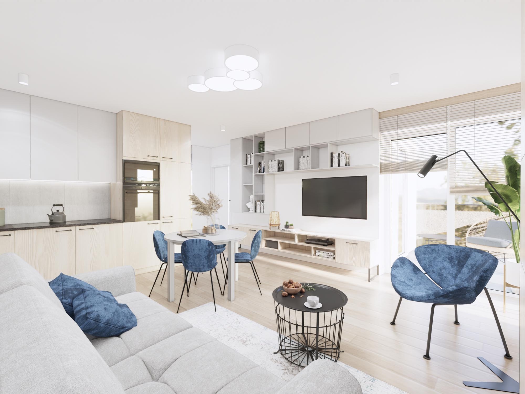 Jasne, przestronne wnętrze z aneksem kuchennym, okrągłym stołem z aksamitnymi krzesłami w odcieniach niebieskiego, szarą sofą z poduszkami i stolikiem kawowym z przekąskami, oświetlone nowoczesną...
