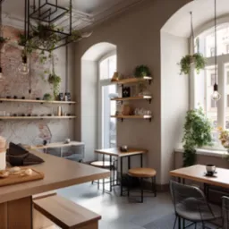 Wnętrze kawiarni w stylu industrialnym z drewnianymi meblami, wiszącymi roślinami i żarówkami Edisona, widok na ulicę przez okno.