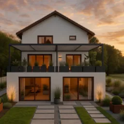 Dwukondygnacyjny dom z tarasem na dobudowanej części parteru, widok z zewnątrz. Minimalistyczny design, nowoczesne oświetlenie i zadbany ogród. Zachód słońca w tle.