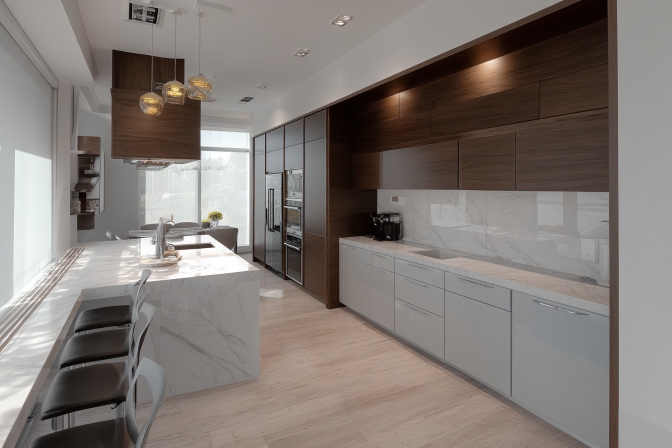 Nowoczesna kuchnia z marmurową wyspą i blatem, drewnianymi szafkami górnymi i białymi szafkami dolnymi, oświetlona wiszącymi lampami o organicznych kształtach.