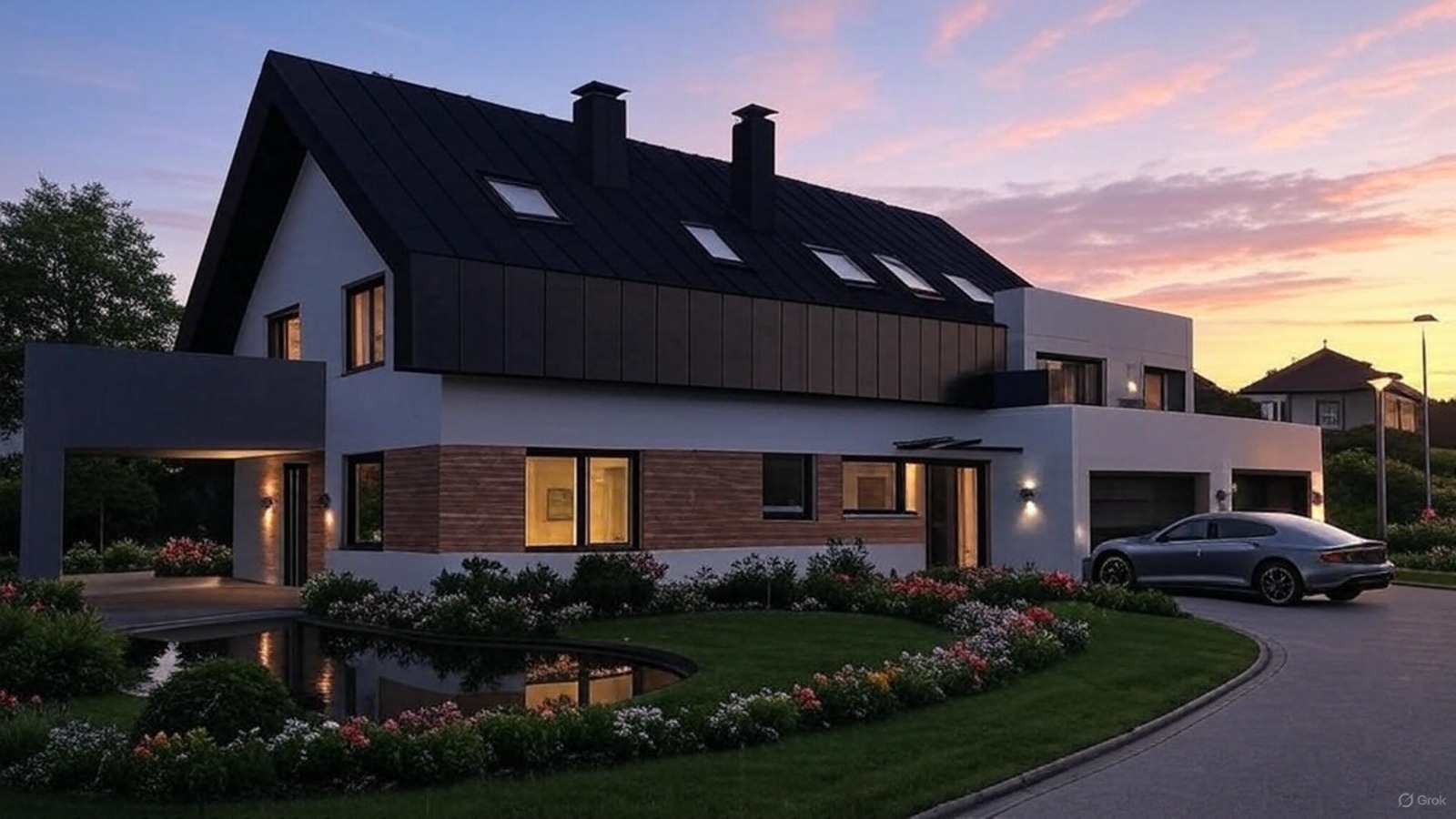 Nowoczesny dom jednorodzinny z płaskim dachem, elementami drewnianej elewacji i oczkiem wodnym w ogrodzie, sfotografowany o zmierzchu.