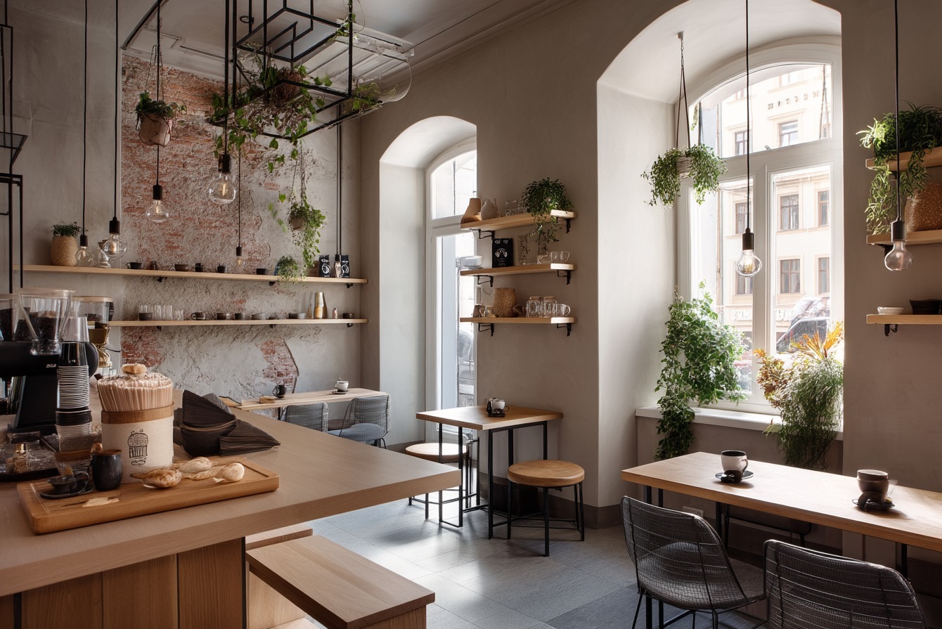 Wnętrze kawiarni w stylu industrialnym z drewnianymi meblami, wiszącymi roślinami i żarówkami Edisona, widok na ulicę przez okno.