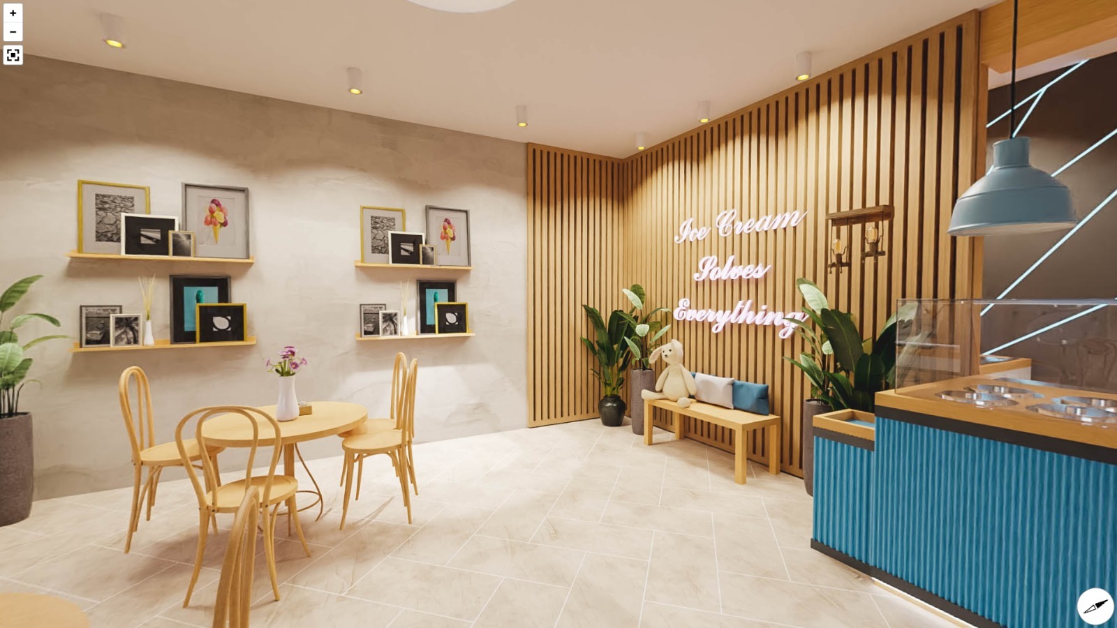 Wnętrze kawiarni w jasnych barwach z drewnianymi elementami, roślinami, stolikiem i napisem neonowym 'Ice Cream Solves Everything'.