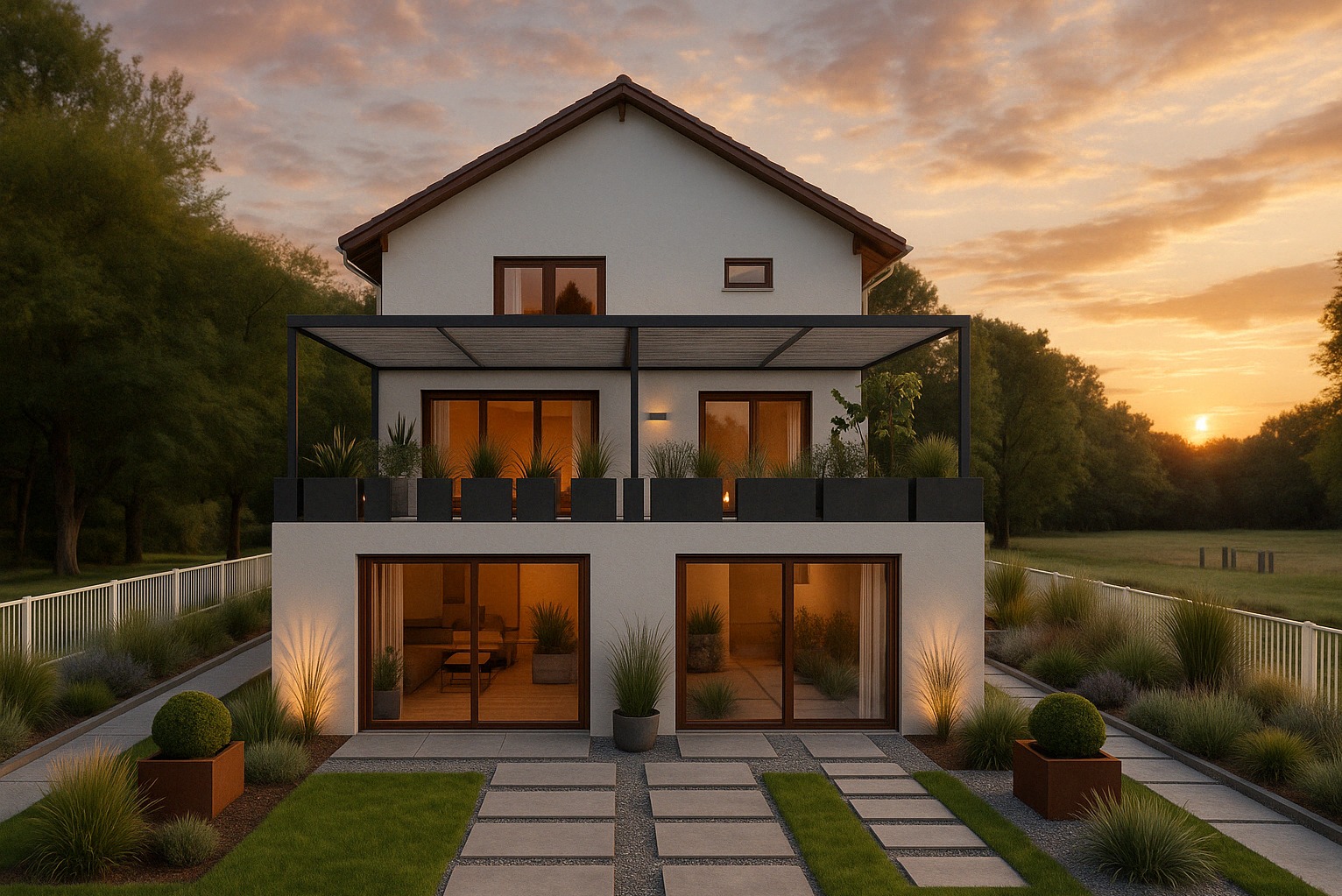 Dwukondygnacyjny dom z tarasem na dobudowanej części parteru, widok z zewnątrz. Minimalistyczny design, nowoczesne oświetlenie i zadbany ogród. Zachód słońca w tle.