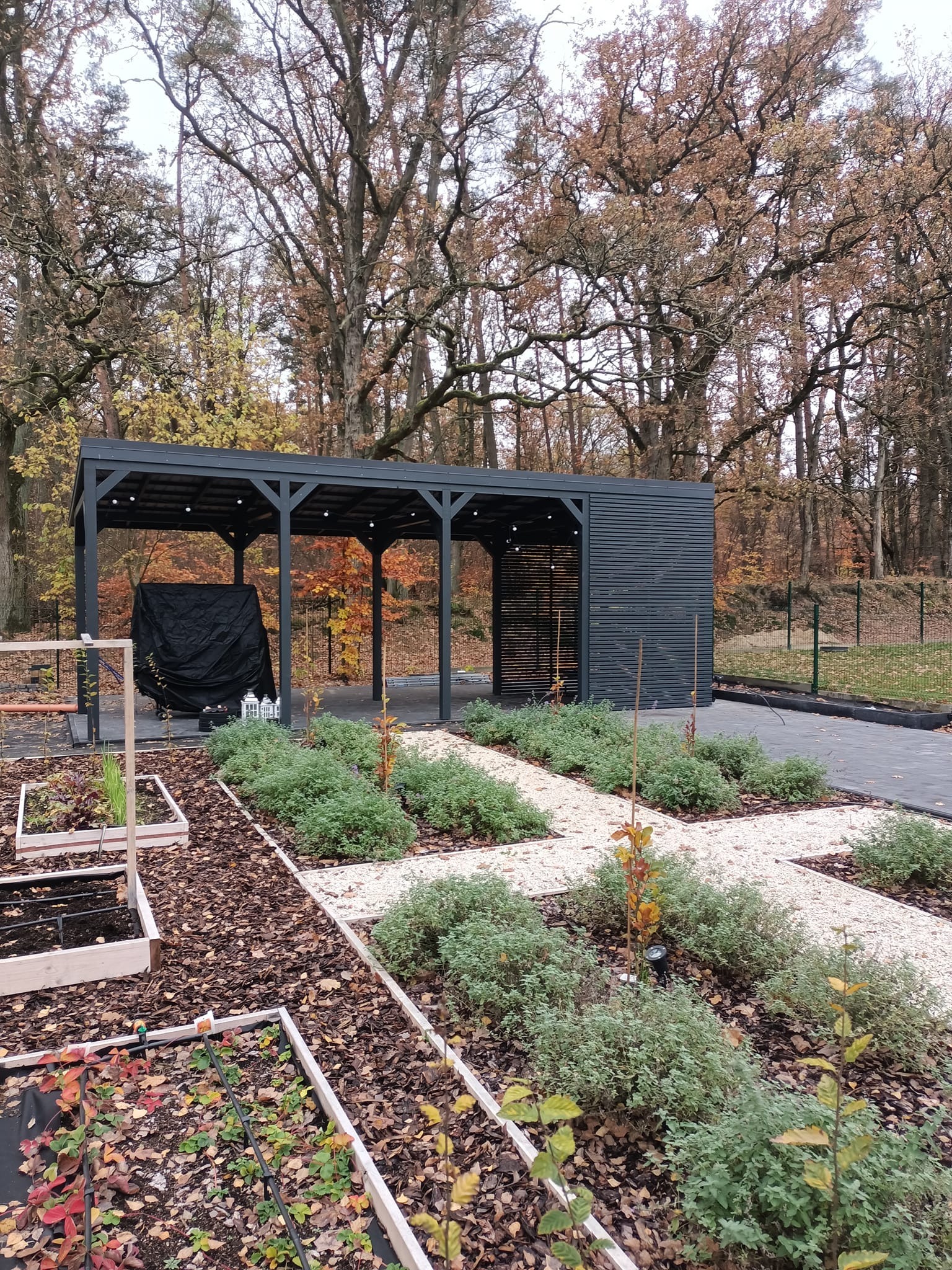 Nowoczesna, szara konstrukcja z oświetleniem, prawdopodobnie zadaszenie tarasu lub pergola, z elementami drewnianymi, w jesiennym ogrodzie z grządkami i ścieżkami wysypanymi żwirem, na tle drzew...