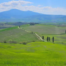 Malowniczy toskański krajobraz z polami, cyprysami wzdłuż drogi i budynkami na wzgórzu, w tle góry i błękitne niebo z chmurami.