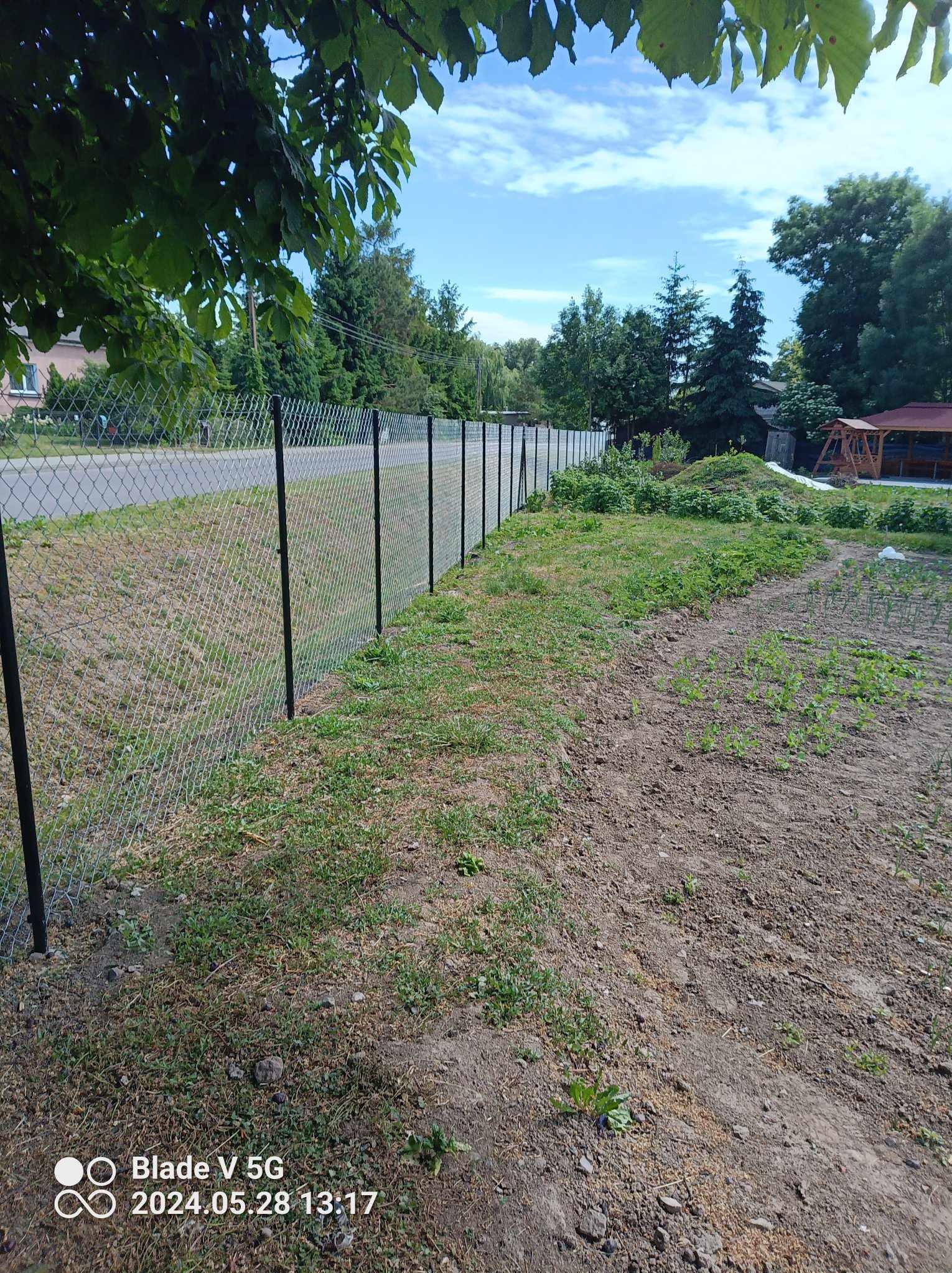 Długi, prosty odcinek siatki ogrodzeniowej z czarnymi słupkami, oddzielający drogę od zarośniętego terenu. W tle widoczne drzewa i zabudowania.