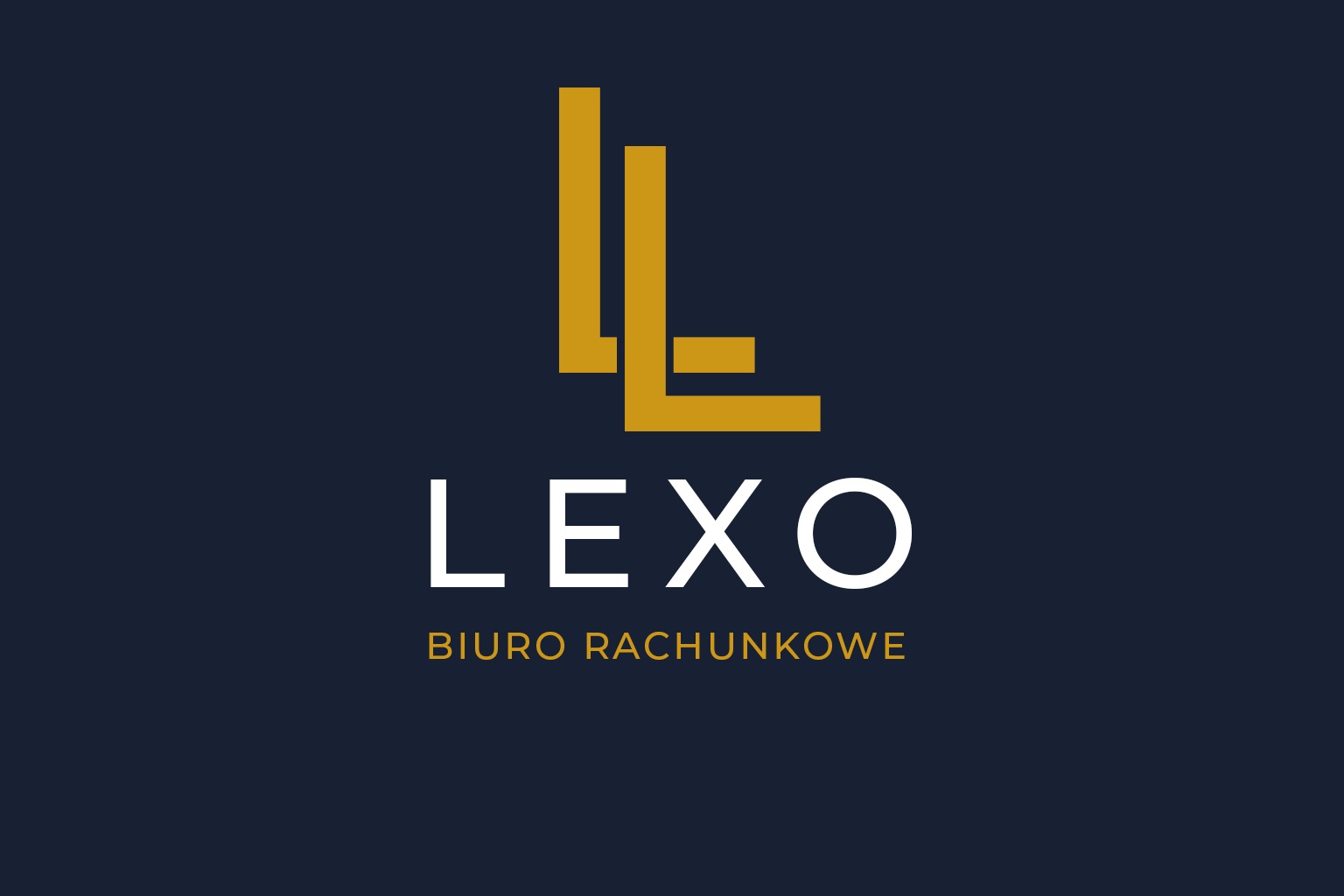 Logo biura rachunkowego LEXO na granatowym tle. Złote, geometryczne litery 'L' i biały napis 'LEXO BIURO RACHUNKOWE' w minimalistycznym stylu.