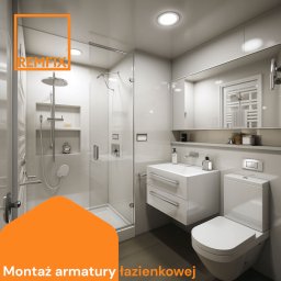 RemFix - Nowoczesna, jasna łazienka z kabiną prysznicową, umywalką z szafką i toaletą. Minimalistyczny design, białe płytki i armatura. Oświetlenie sufitowe punktowe.