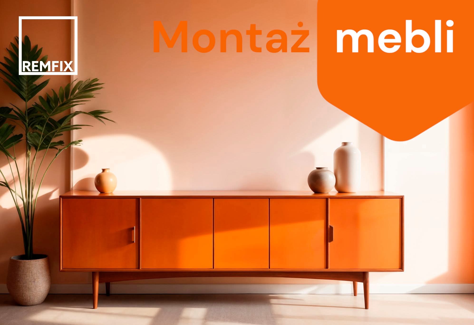 Pomarańczowa komoda w stylu retro na tle ściany w odcieniach moreli, z dekoracjami i rośliną doniczkową. Logo firmy w lewym górnym rogu.