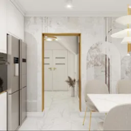 Nowoczesna aranżacja kuchni z widokiem na przedpokój, marmurowe podłogi, białe meble kuchenne, srebrna lodówka, designerska lampa wisząca, dekoracyjna tapeta z motywem łuków.