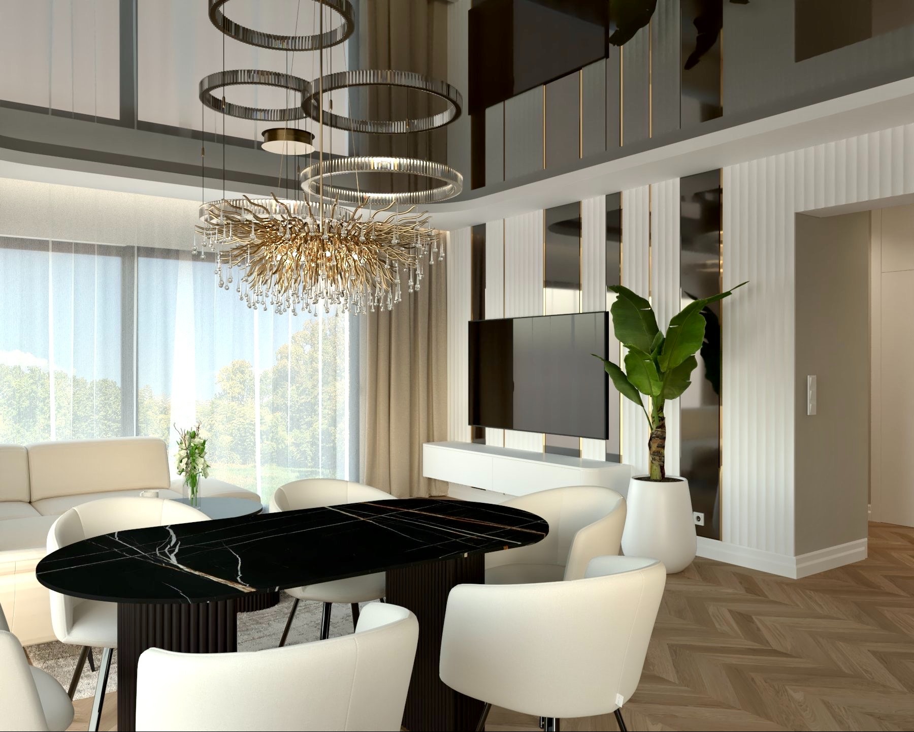 Elegancka jadalnia z owalnym stołem z czarnym blatem imitującym marmur, otoczonym białymi krzesłami, w tle sofa i duże okno z widokiem na zieleń, nad stołem zawieszony ozdobny żyrandol i okrągłe...
