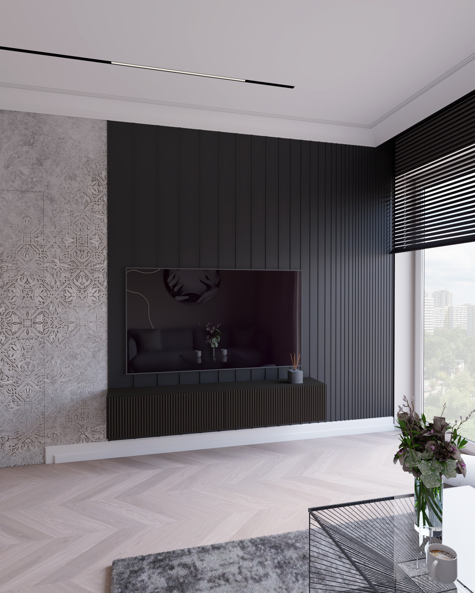 Nowoczesny salon z czarną ścianą z lameli, telewizorem, szarą ścianą z wzorem, parkietem w jodełkę i stolikiem kawowym z bukietem kwiatów.