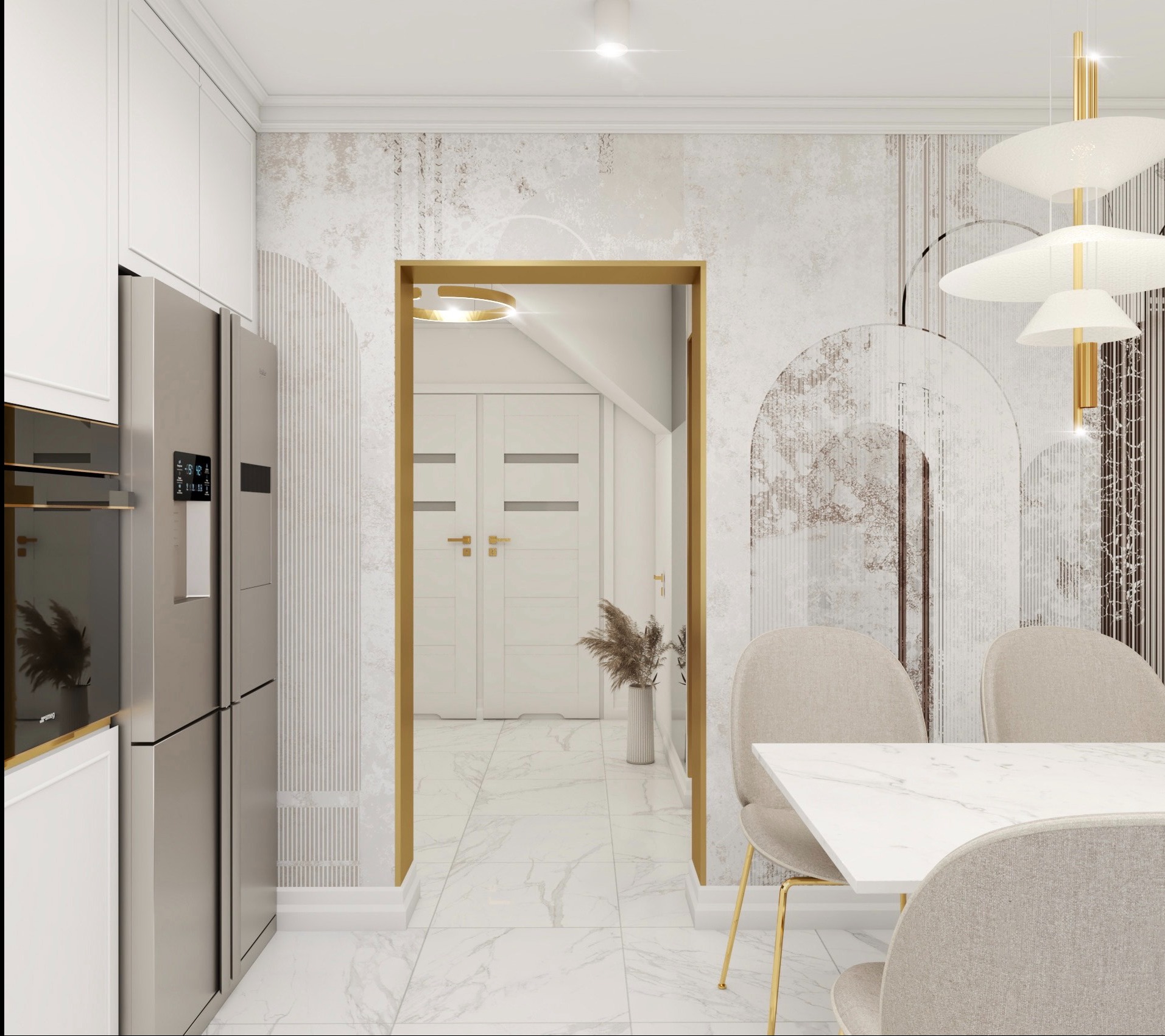 Nowoczesna aranżacja kuchni z widokiem na przedpokój, marmurowe podłogi, białe meble kuchenne, srebrna lodówka, designerska lampa wisząca, dekoracyjna tapeta z motywem łuków.