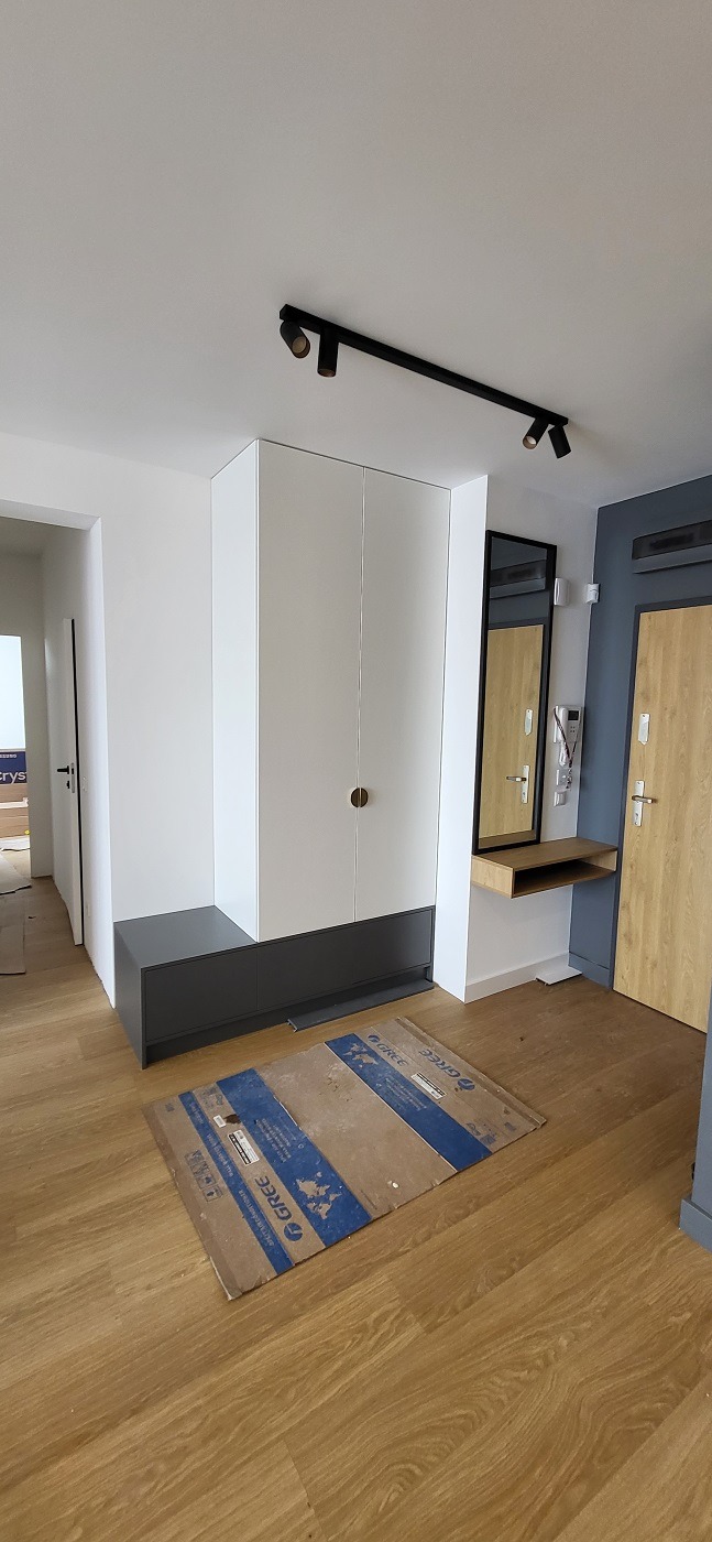Wnętrze przedpokoju z zabudowaną szafą wnękową w kolorze białym z ciemnoszarym dołem, oświetleniem punktowym na suficie i drewnianą podłogą zabezpieczoną kartonem.