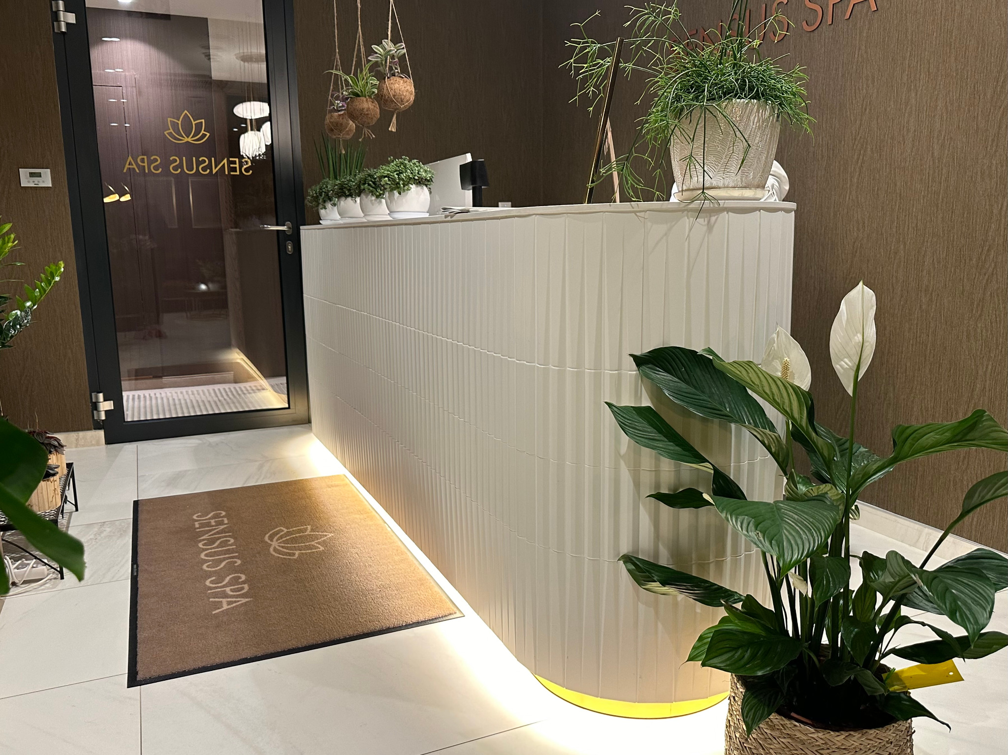 Recepcja w spa z roślinami doniczkowymi, podświetleniem LED i matą wejściową z logo.