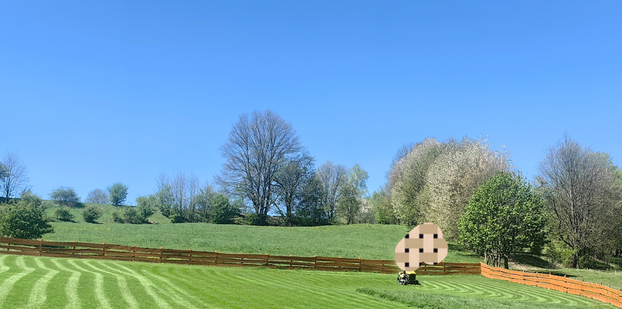 Krajobraz z równo skoszoną trawą w paski, oddzieloną drewnianym płotem. W tle drzewa i błękitne niebo. Widoczna kosiarka w trakcie pracy.