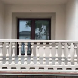Elegancki balkon z beżową balustradą tralkową i oknem z brązową ramą, widok z dołu, kremowa elewacja budynku w tle.