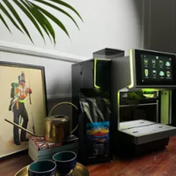 Nowoczesny ekspres do kawy z dotykowym ekranem, obok paczka kawy Crema, dwie filiżanki na złotej tacy, konewka i obrazek żołnierza na stercie książek, całość oświetlona zielonym światłem.