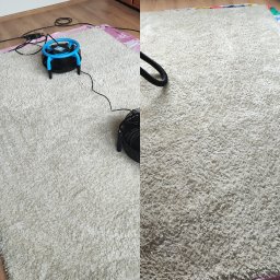 Lisa Pranie Mobilne OLEKSANDR LINTUR - Dywan shaggy przed i po praniu z użyciem wentylatora osuszającego. Widoczna różnica w czystości i puszystości włókien. Na podłodze widoczne zabezpieczenia.