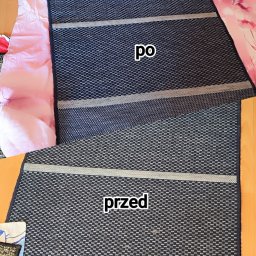 Lisa Pranie Mobilne OLEKSANDR LINTUR - Dywan w odcieniach szarości i czerni, podzielony na dwie części: 'przed' (dół) z widocznymi zabrudzeniami i 'po' (góra) z odświeżonym wyglądem, leżący na podłodze obok różowej pościeli.