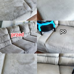 Lisa Pranie Mobilne OLEKSANDR LINTUR - Kolaż: góra - zbliżenia na zabrudzenia; dół - sofa przed i po czyszczeniu, z wentylatorem wspomagającym suszenie. Efekt usługi.