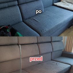 Lisa Pranie Mobilne OLEKSANDR LINTUR - Szara, modułowa kanapa narożna w układzie 'przed i po'. Widoczna różnica w czystości tapicerki po zabiegu czyszczenia. Górna część zdjęcia prezentuje stan 'po'.