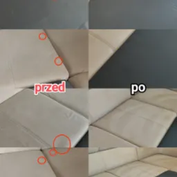 Kolaż 'przed i po' prezentujący efekty czyszczenia narożnika z jasną tapicerką i ciemnoszarymi elementami. Widoczne usunięte plamy i odświeżony wygląd tkaniny.
