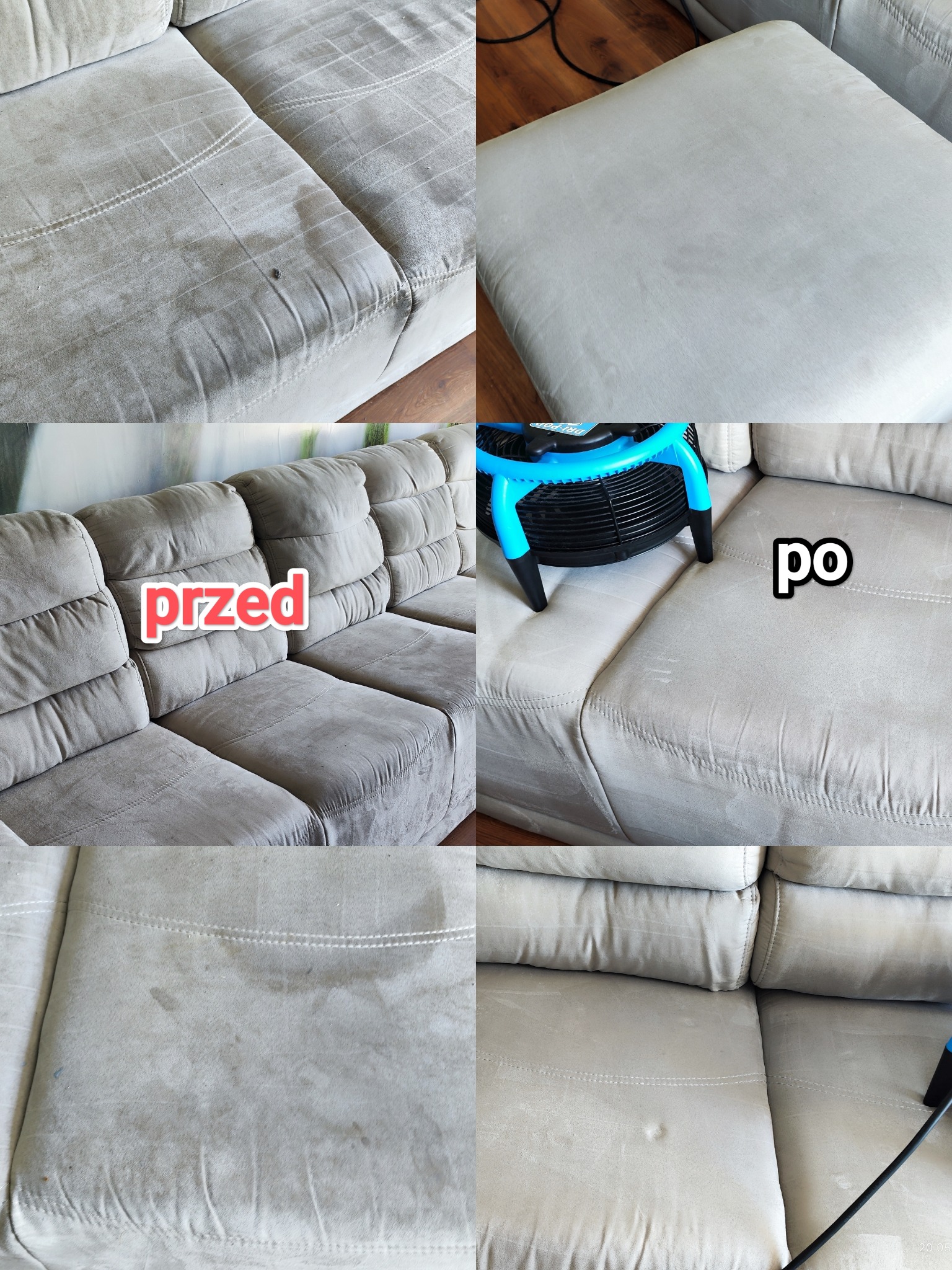 Kolaż: góra - zbliżenia na zabrudzenia; dół - sofa przed i po czyszczeniu, z wentylatorem wspomagającym suszenie. Efekt usługi.