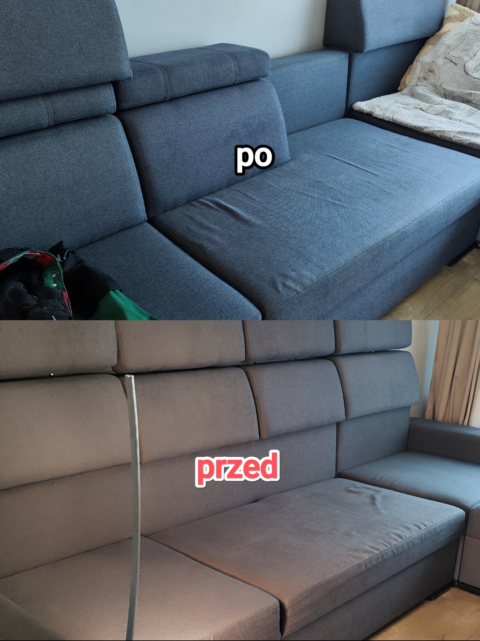 Szara, modułowa kanapa narożna w układzie 'przed i po'. Widoczna różnica w czystości tapicerki po zabiegu czyszczenia. Górna część zdjęcia prezentuje stan 'po'.