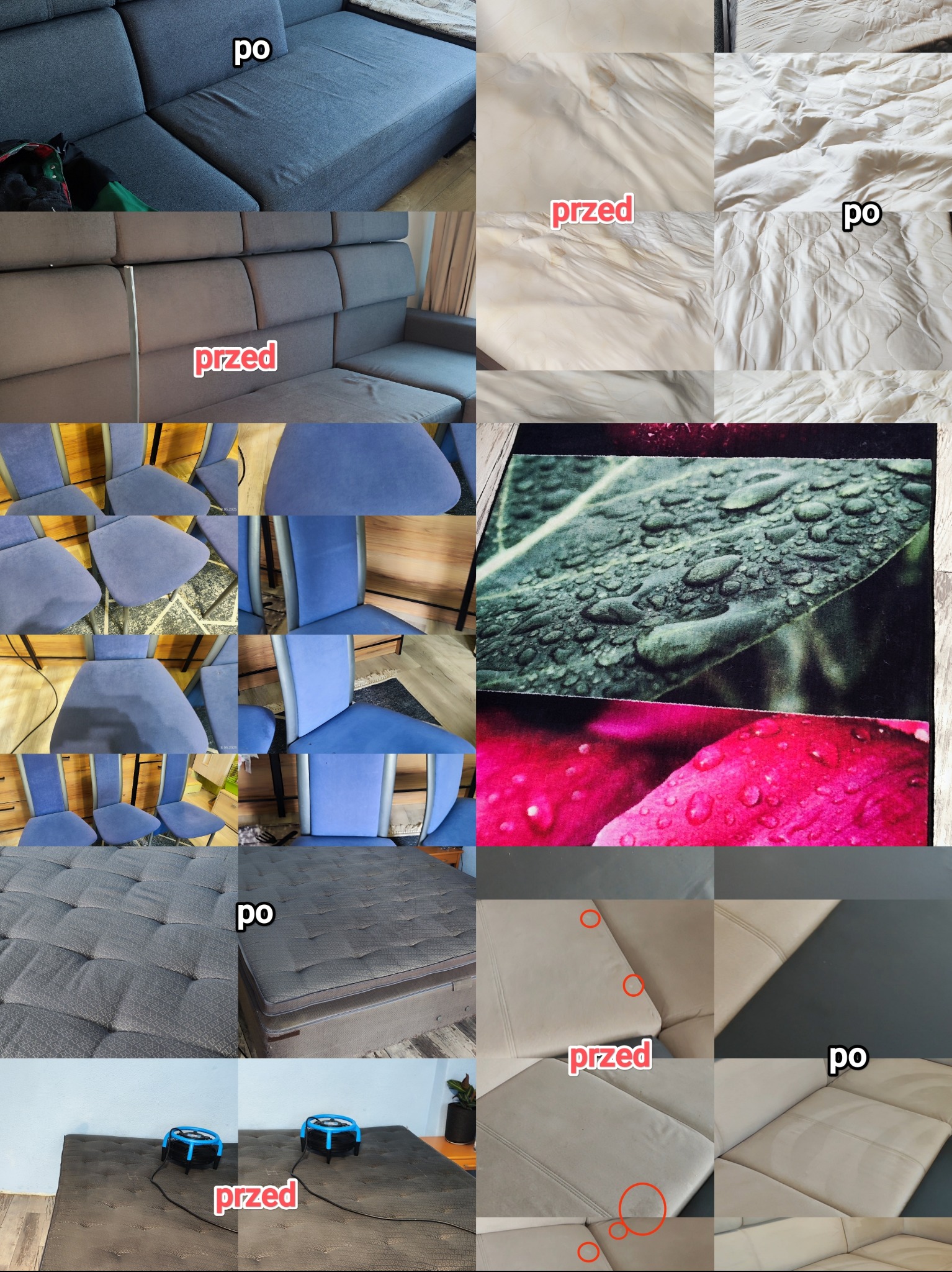 Kolaż zdjęć 'przed i po': kanapa, materac, krzesła, dywan, meble tapicerowane. Widoczne efekty czyszczenia, odświeżone tkaniny i usunięte zabrudzenia.