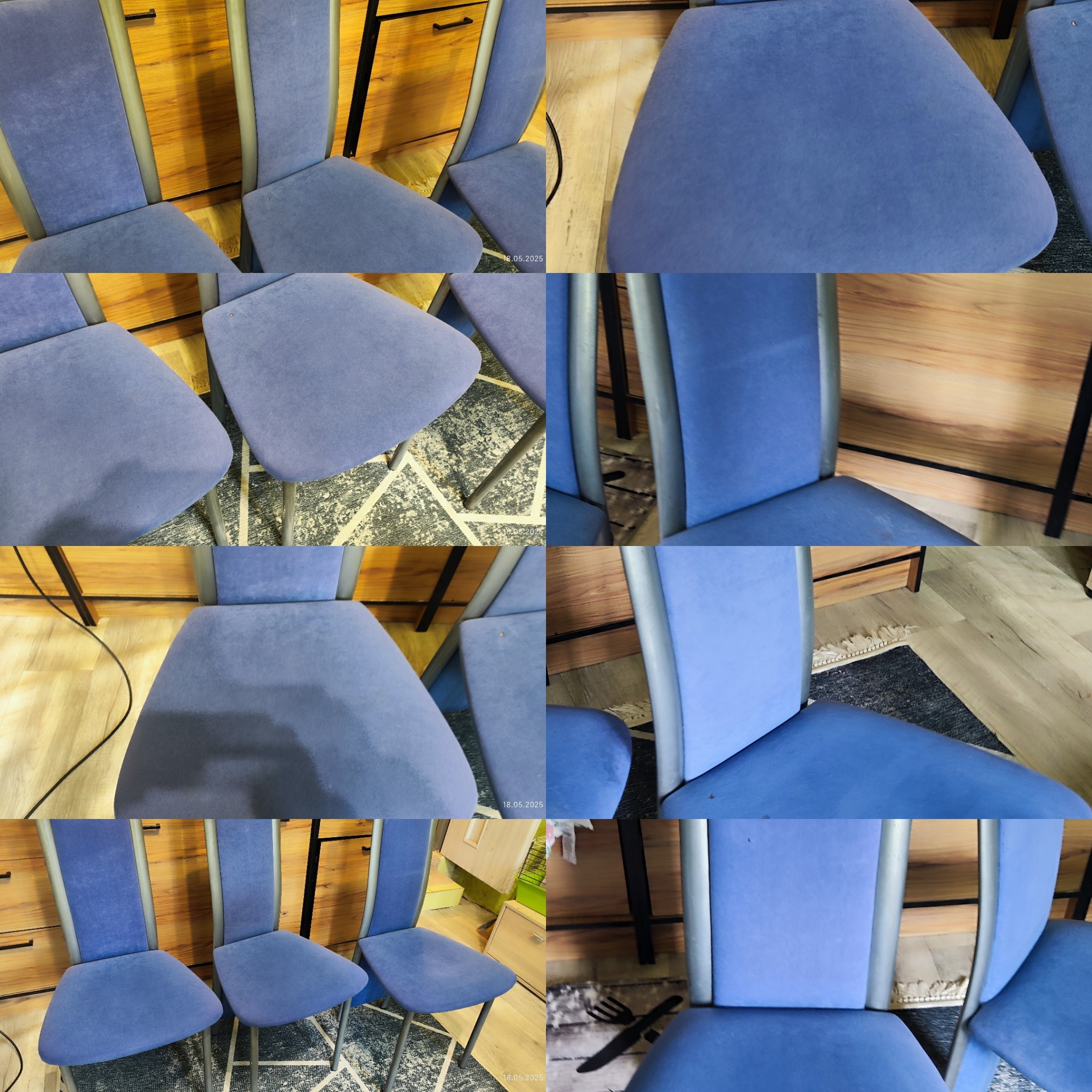 Kolaż zdjęć krzeseł z tapicerką w odcieniach niebieskiego. Widoczne różne ujęcia krzeseł na tle podłogi, dywanu i mebli. Prezentacja detali tapicerki i konstrukcji krzeseł.
